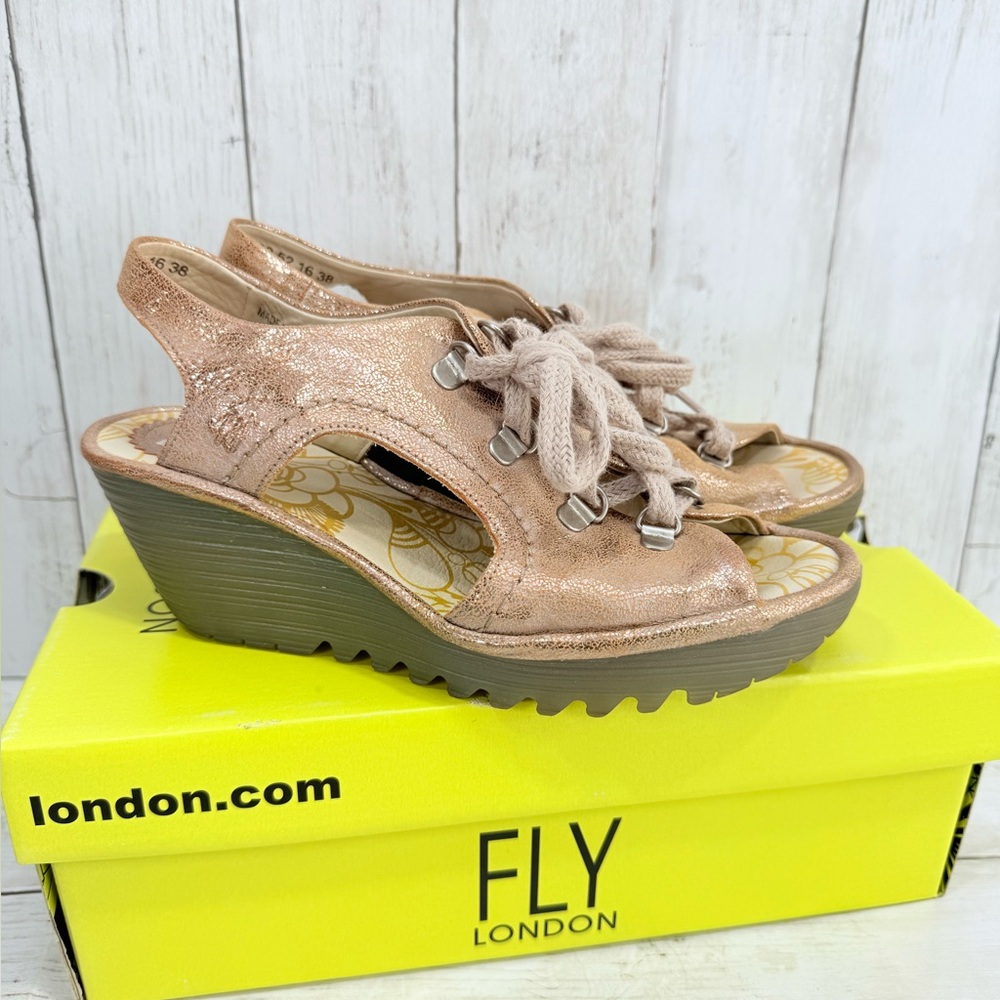 Fly London Size 38 US 7.5 Cool Luna Rose Gold Lace Up Wedge Sandals Leather